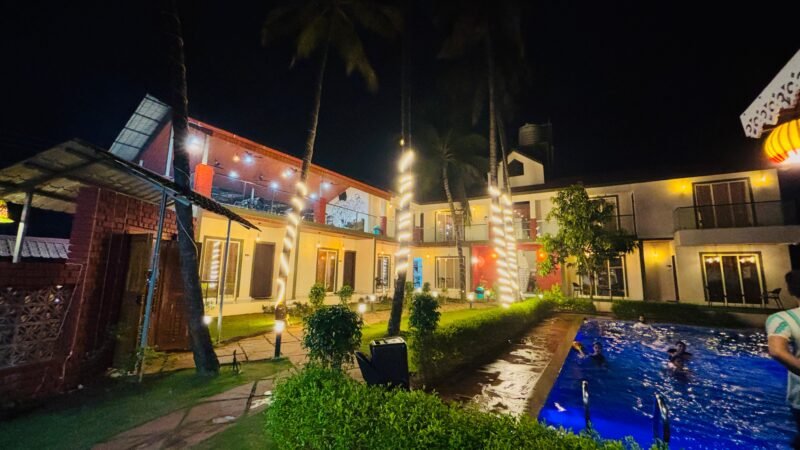 tipsy spring resort night view with swimming pool